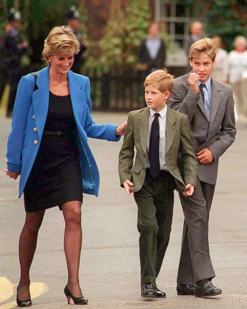PHOTO: Prince William with Diana, Princess of Wales and Prince Harry on the day he joined Eton in Sept. 1995, in U.K.