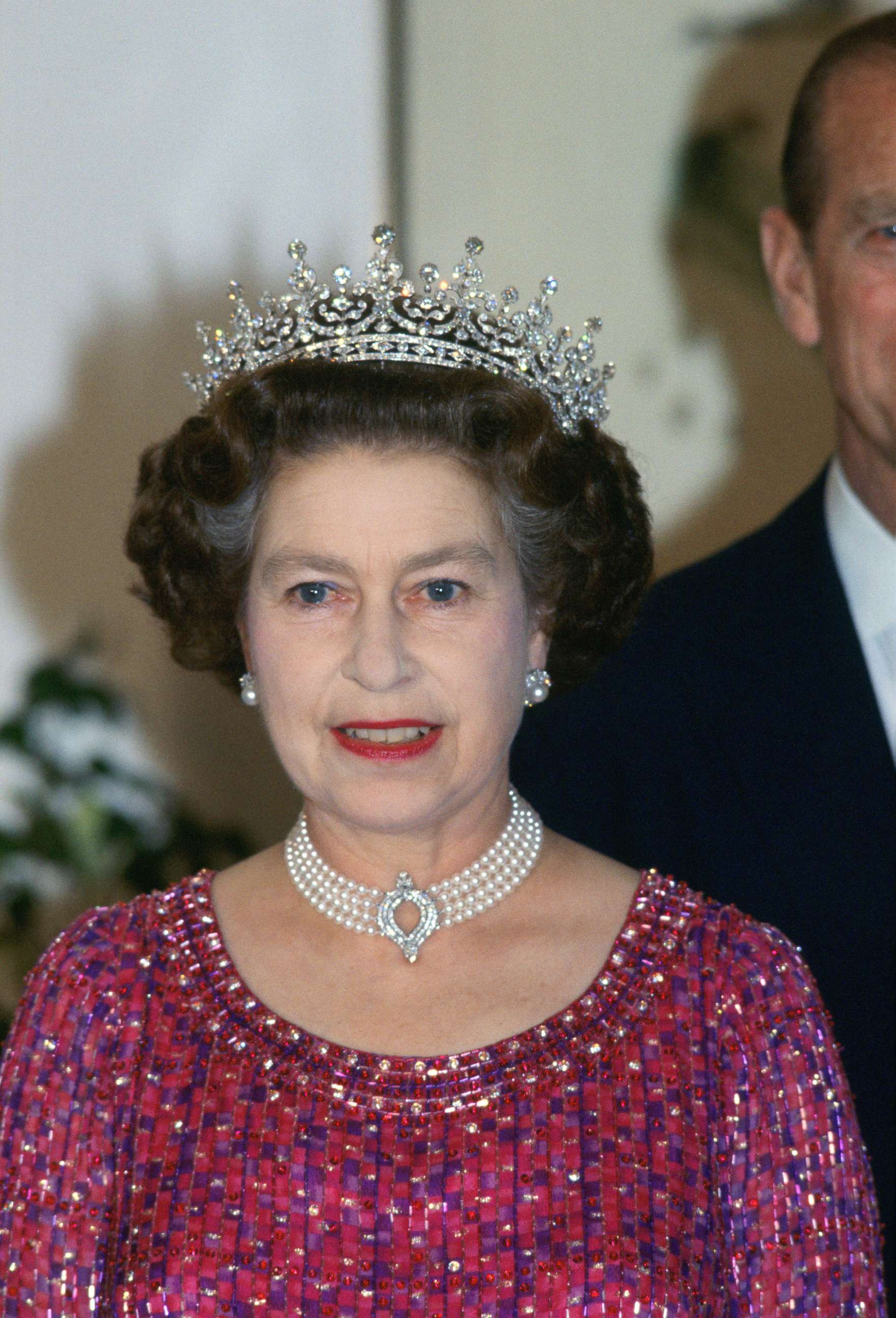 PHOTO: Queen Elizabeth II wears a four strand diamond and pearl choker with 'Granny's Tiara' to an engagement in Bangladesh, Nov. 16, 1983.