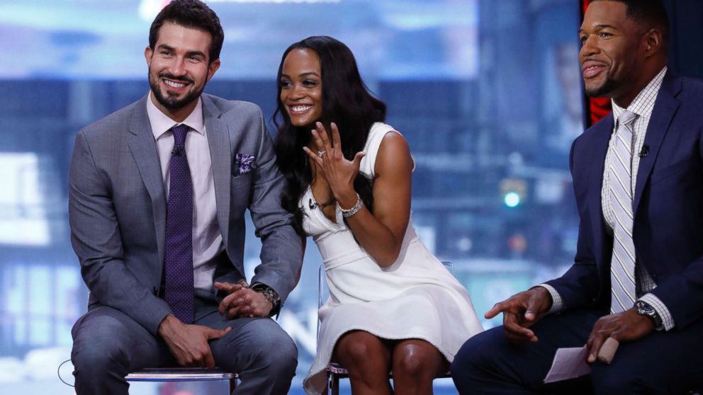 PHOTO: Bachelorette Rachel Lindsay and her fiance Bryan Abasolo appear on "Good Morning America" after their engagement on the hit show's finale and their road to love, Aug. 8, 2017.