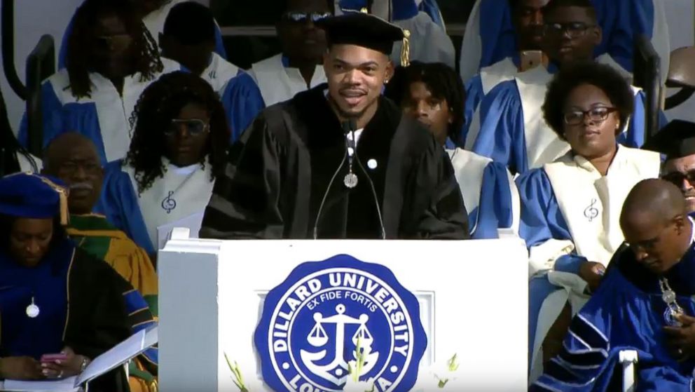 PHOTO: Chance the Rapper speaks at Dillard University's commencement ceremony in New Orleans, May 12, 2018. Dillard University shared video and pictures of the ceremony on Twitter.
