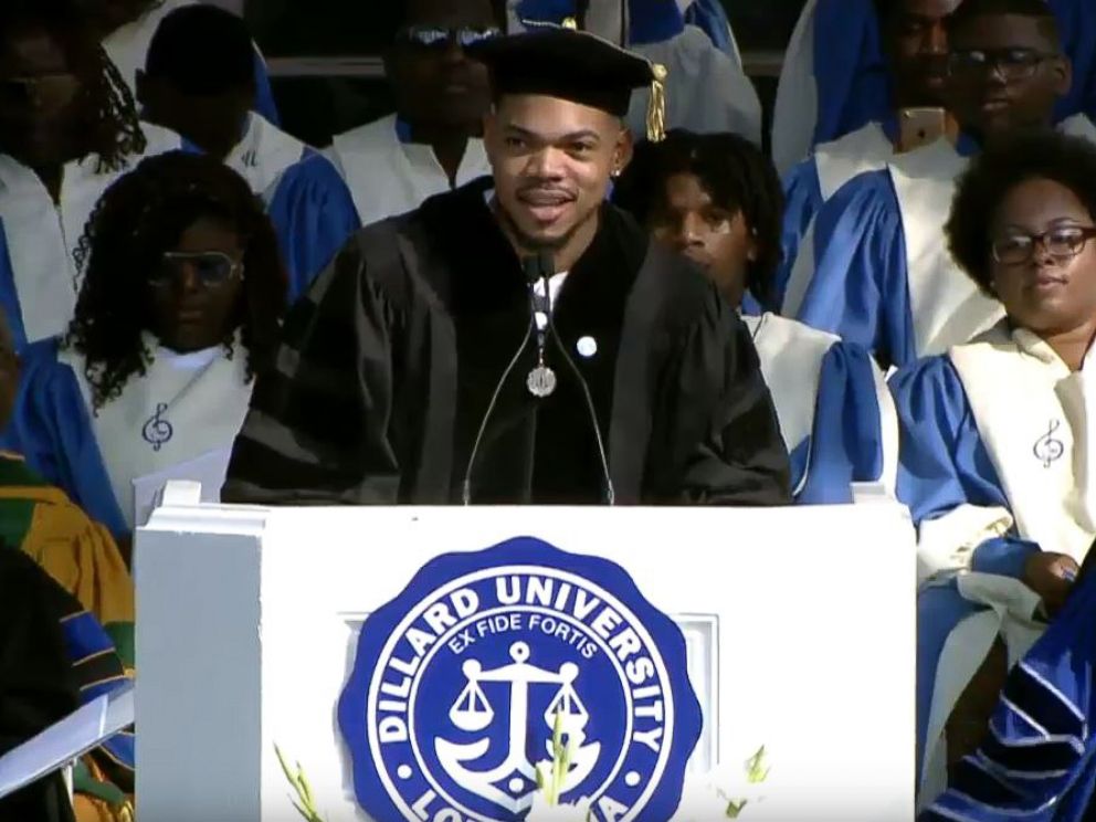 PHOTO: Chance the Rapper speaks at Dillard Universitys commencement ceremony in New Orleans, May 12, 2018. Dillard University shared video and pictures of the ceremony on Twitter.