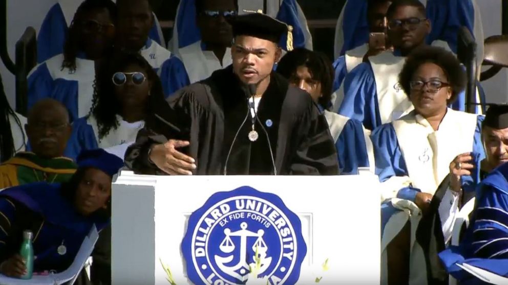 PHOTO: Chance the Rapper speaks at Dillard University's commencement ceremony in New Orleans, May 12, 2018. Dillard University shared video and pictures of the ceremony on Twitter.