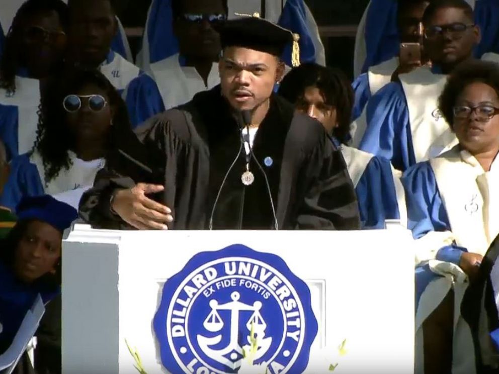 PHOTO: Chance the Rapper speaks at Dillard Universitys commencement ceremony in New Orleans, May 12, 2018. Dillard University shared video and pictures of the ceremony on Twitter.