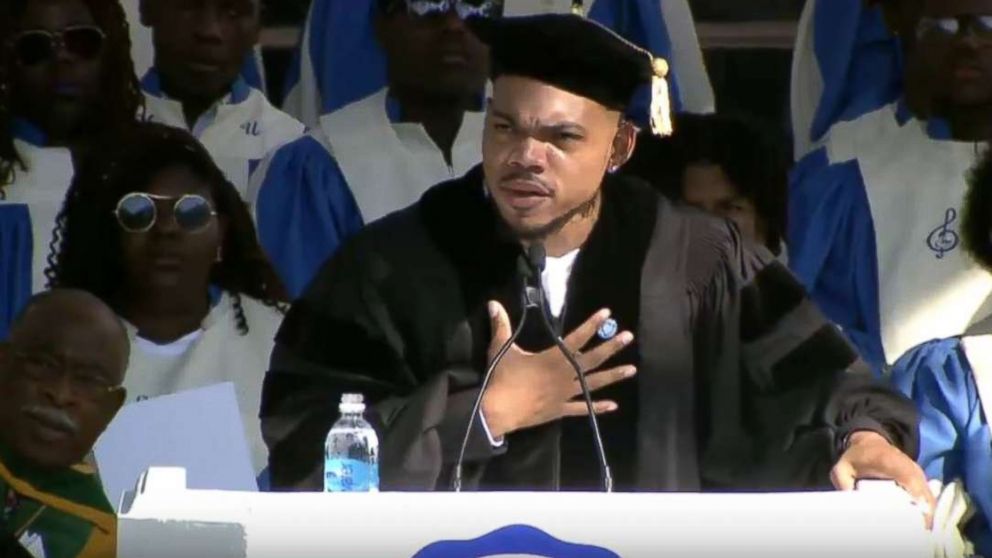 PHOTO: Chance the Rapper speaks at Dillard University's commencement ceremony in New Orleans, May 12, 2018. Dillard University shared video and pictures of the ceremony on Twitter.