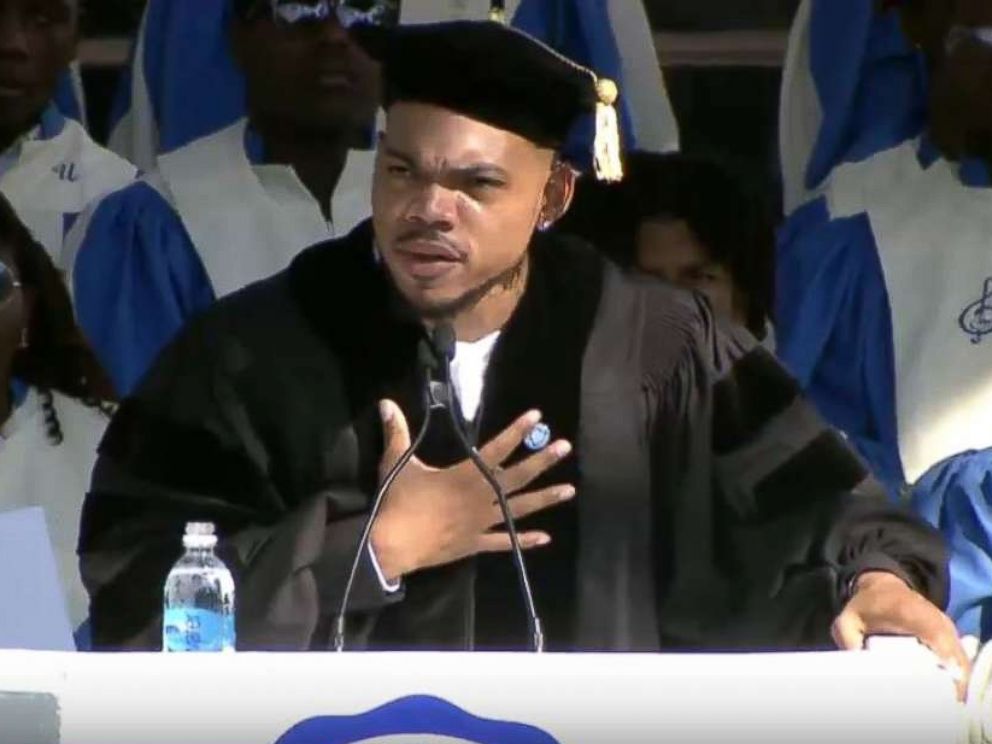 PHOTO: Chance the Rapper speaks at Dillard Universitys commencement ceremony in New Orleans, May 12, 2018. Dillard University shared video and pictures of the ceremony on Twitter.