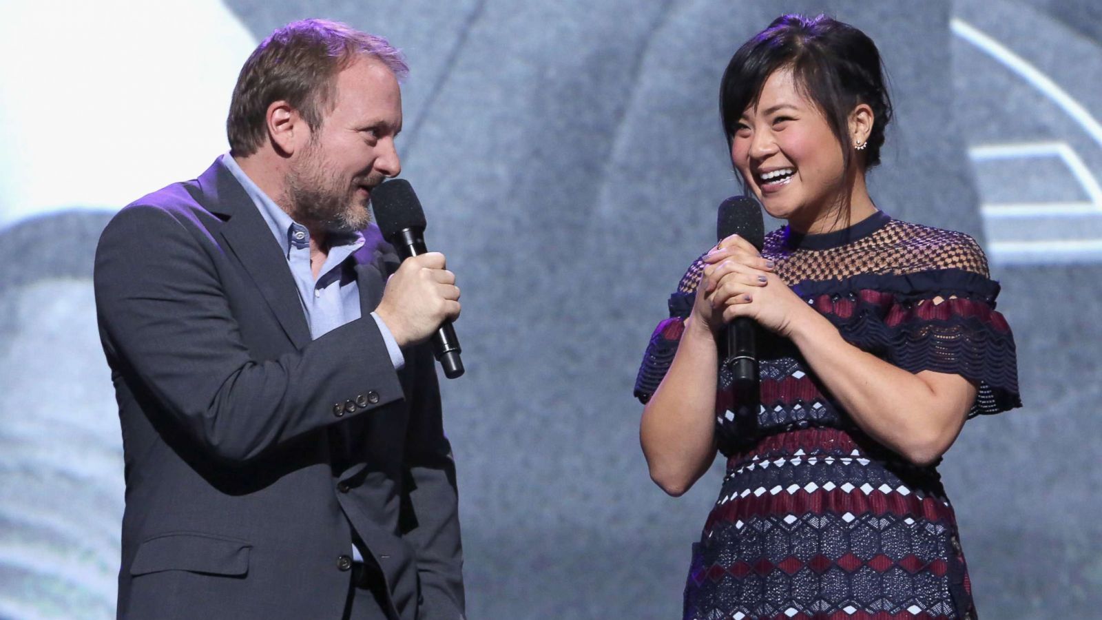 PHOTO: Director Rian Johnson and actor Kelly Marie Tran of Star Wars: The Last Jedi took part today in the Walt Disney Studios live action presentation in Anaheim, Calif., July 15, 2017.