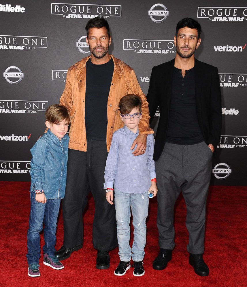 PHOTO: Ricky Martin, Jwan Yosef, and sons Matteo Martin and Valentino Martin attend the premiere of "Rogue One: A Star Wars Story" at the Pantages Theatre on Dec. 10, 2016 in Hollywood, California.