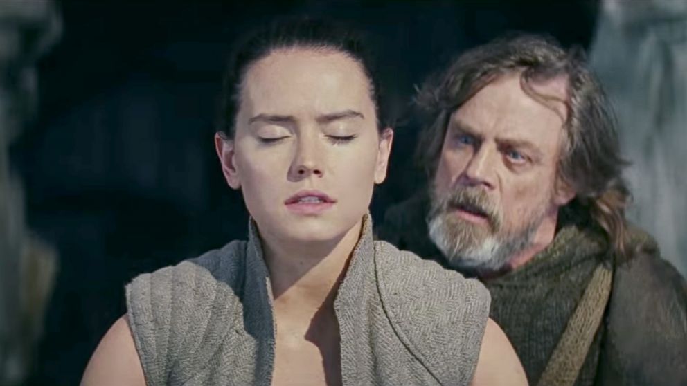 Daisy Ridley, as Rey, and Mark Hamill, as Luke Skywalker, in a scene from "Star Wars: The Last Jedi."