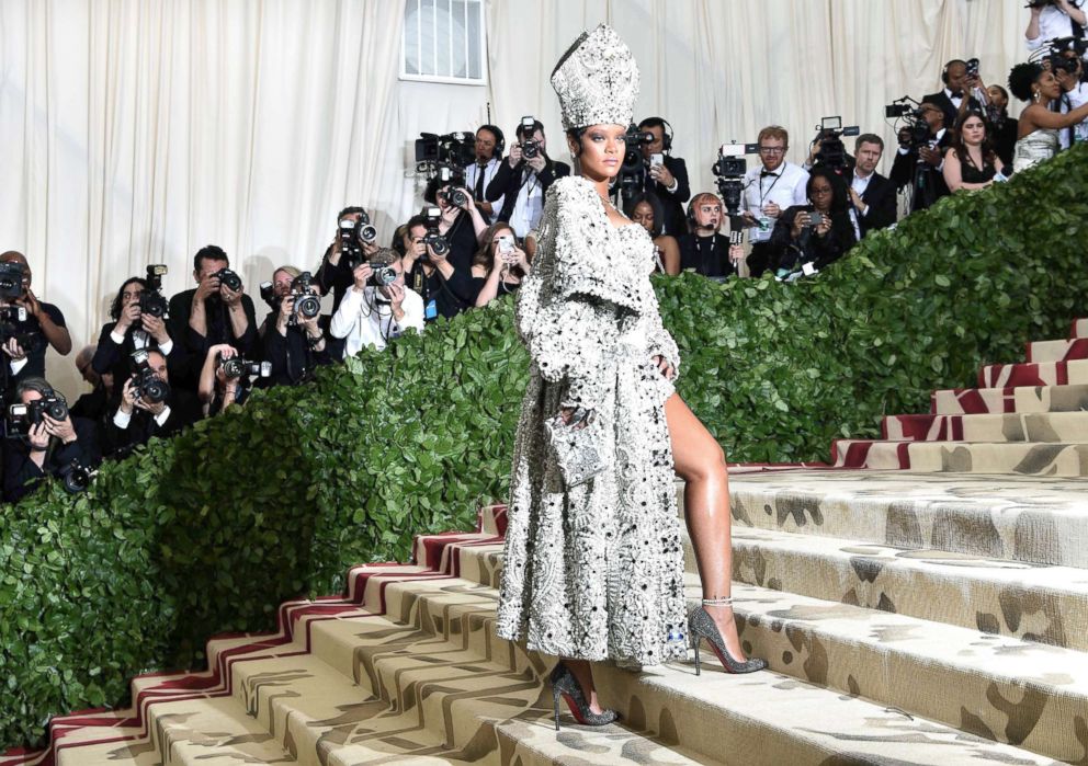 PHOTO: Rihanna arrives for the 2018 Met Gala, May 7, 2018, at the Metropolitan Museum of Art in New York.
