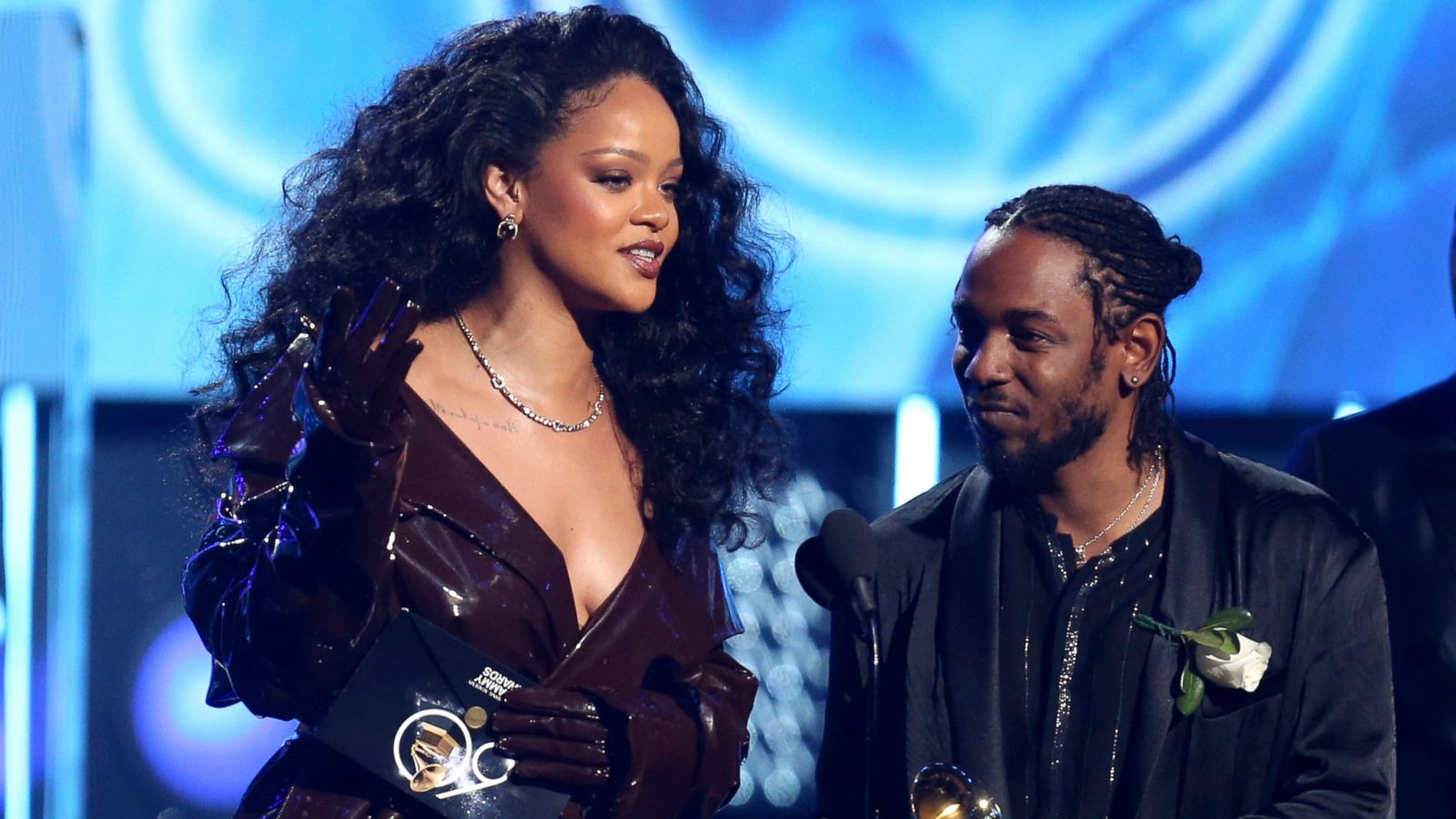 PHOTO: Rihanna, left, and Kendrick Lamar accept the award for best rap/sung performance for "Loyalty." at the 60th annual Grammy Awards at Madison Square Garden, Jan. 28, 2018, in New York.