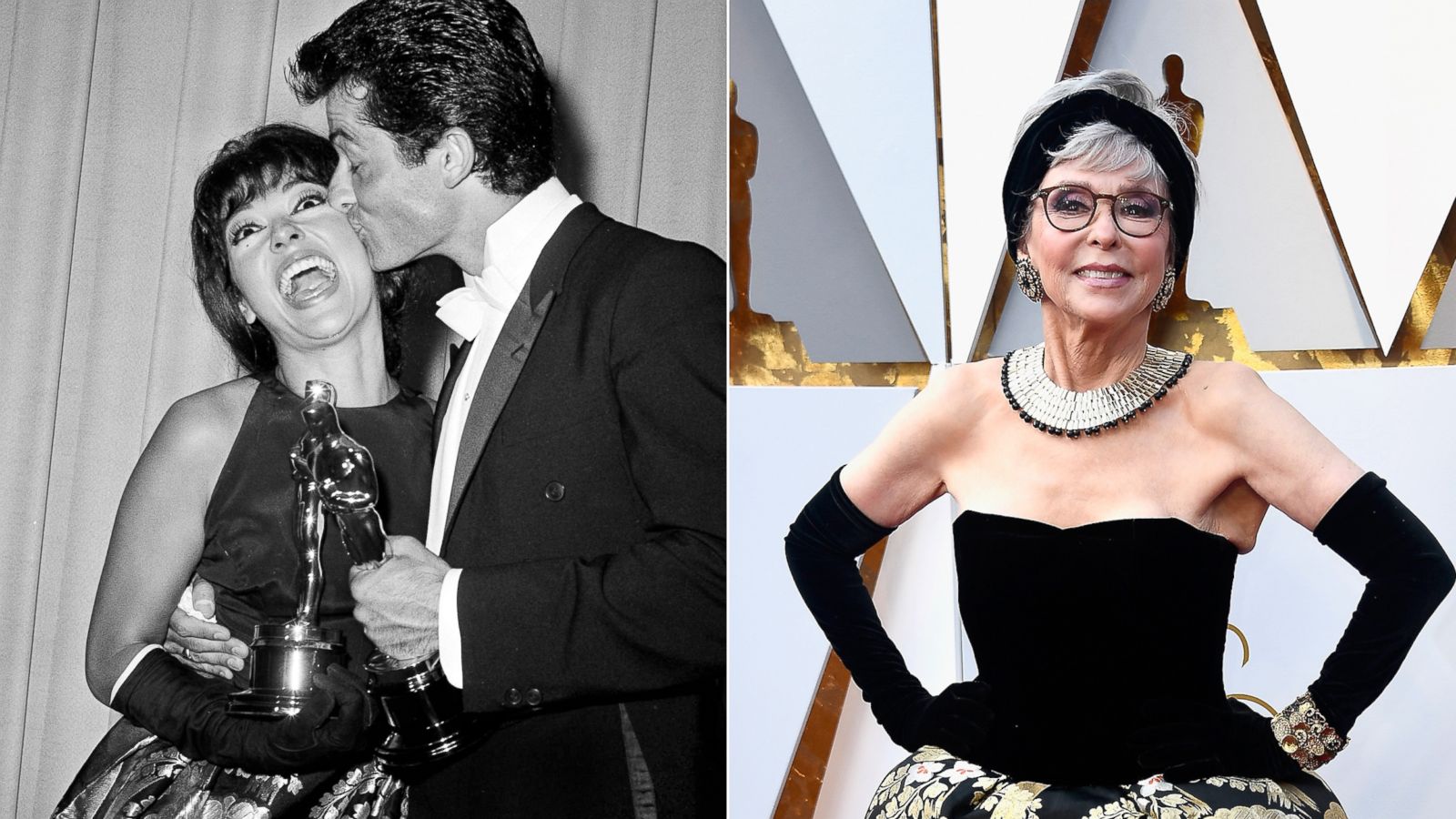 PHOTO: Rita Moreno wears the same dress to the Oscars in 1962, pictured getting a kiss from George Chakiris, and on the red carpet in 2018, right.