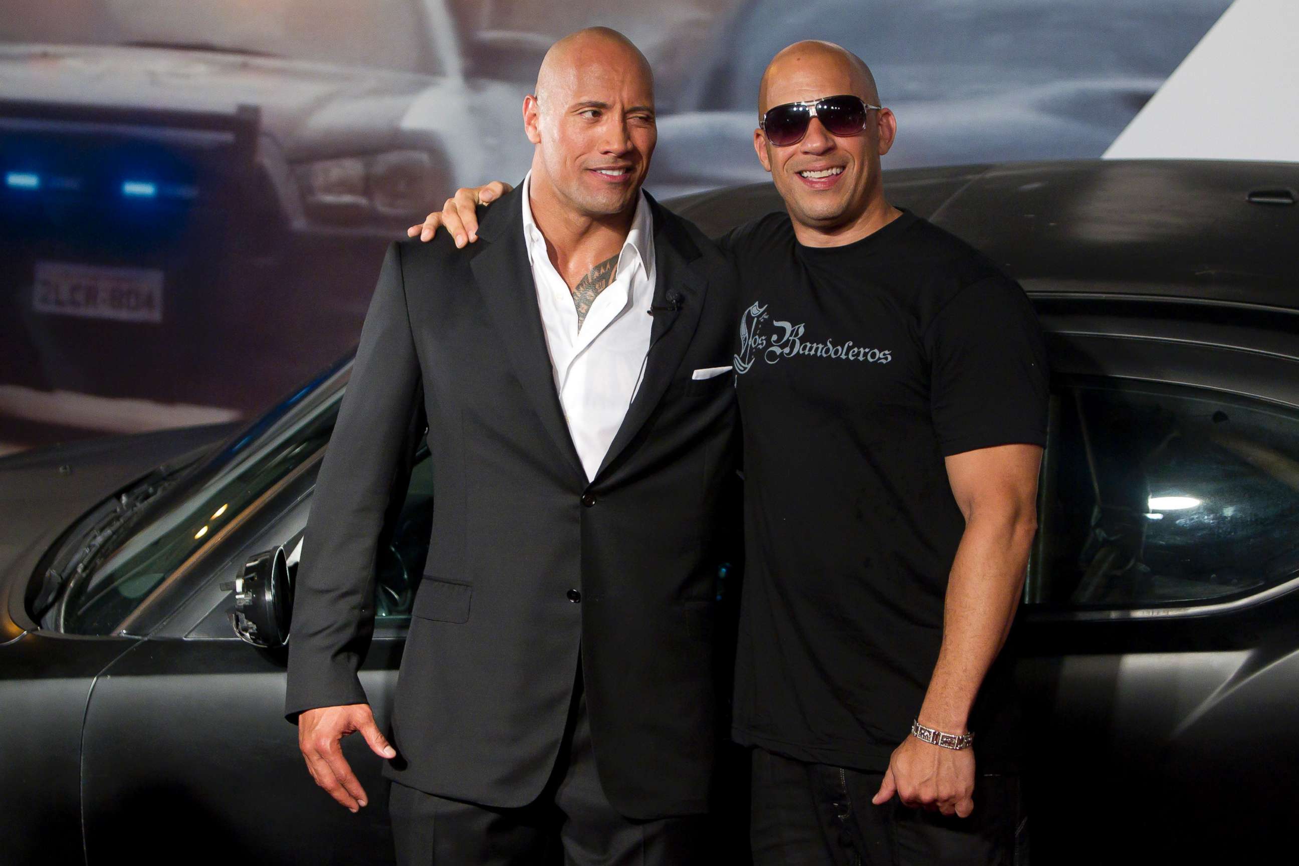PHOTO: Dwayne Johnson (The Rock) and Vin Diesel pose for photographers during the premiere of the "Fast and Furious 5,"  April 15, 2011, in Rio de Janeiro, Brazil. 