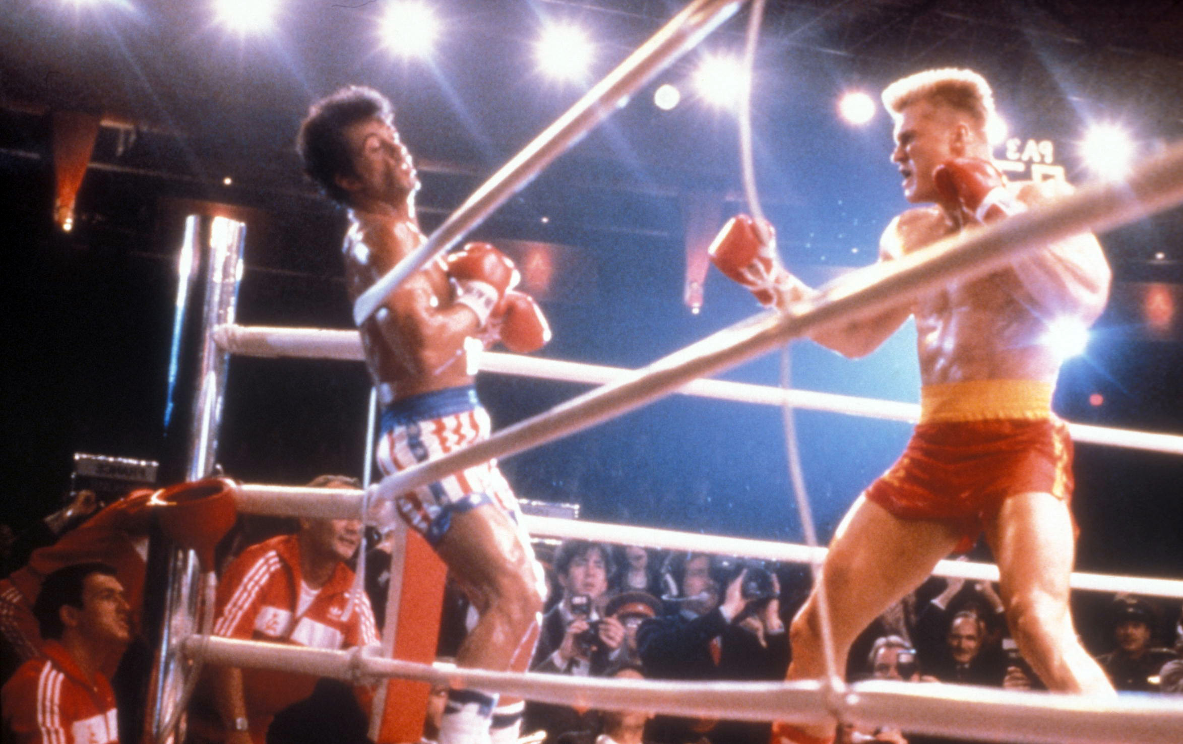 PHOTO: Sylvester Stallone and Dolph Lundgren are seen in a scene from the 1985 film "Rocky IV."