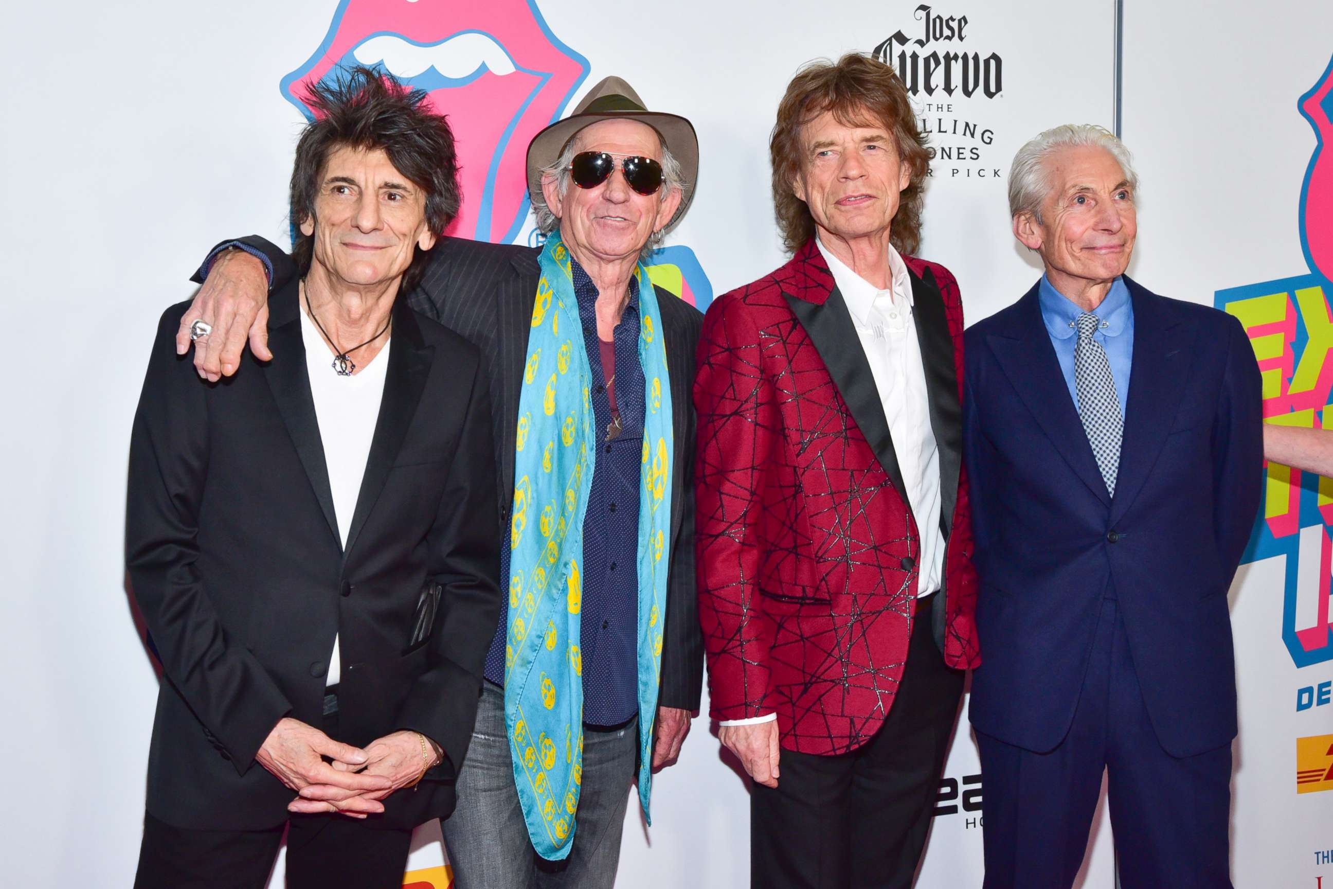 PHOTO: (L-R) Ronnie Wood, Keith Richards, Mick Jagger and Charlie Watts attend The Rolling Stones - Exhibitionism Opening Night at Industria Superstudio, Nov.r 15, 2016, in New York City.
