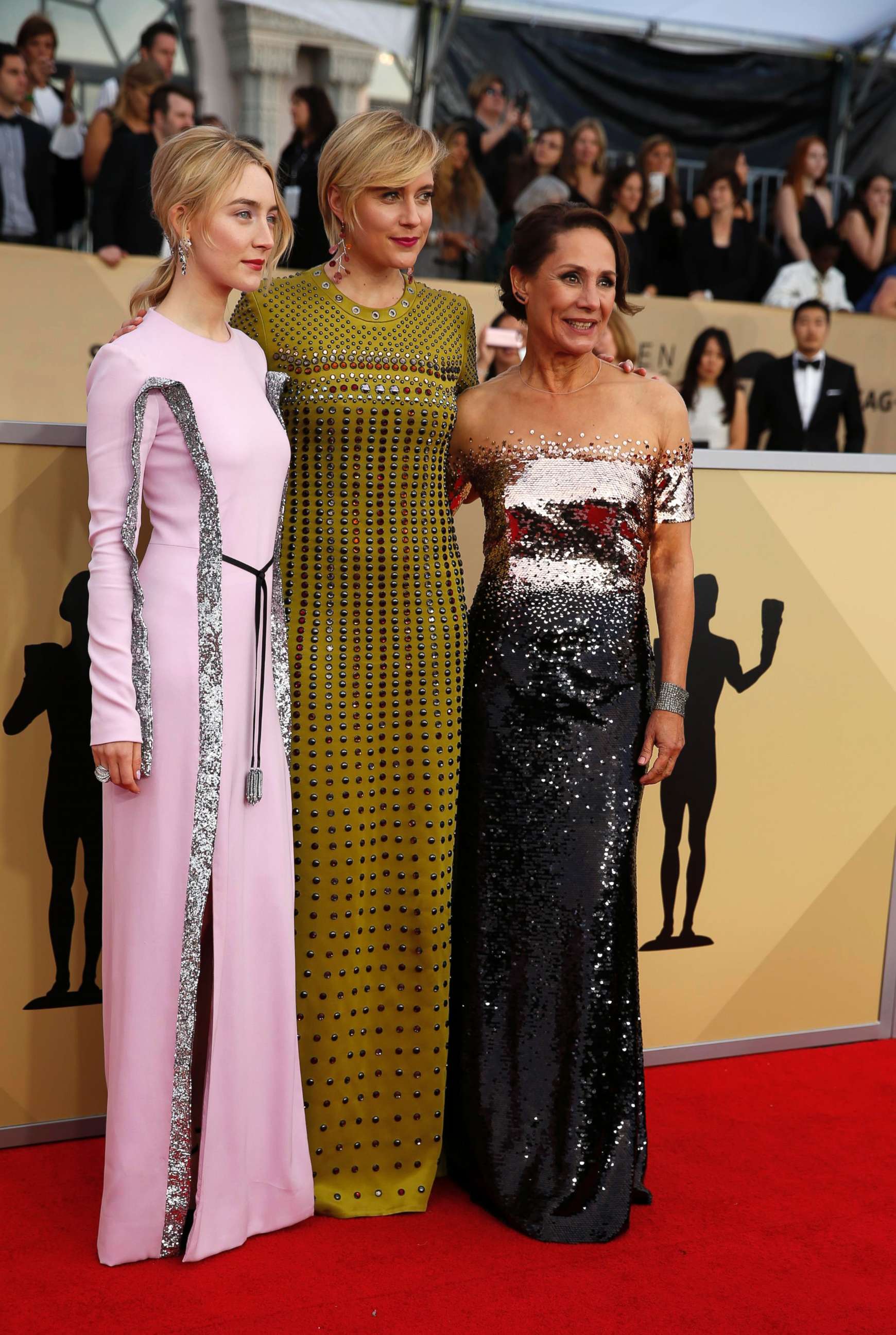 PHOTO: Saoirse Ronan, Greta Gerwig and Laurie Metcalf are pictured on the red carpet for the 24th Screen Actor's Guild Awards in Los Angeles, Jan. 21, 2018.
