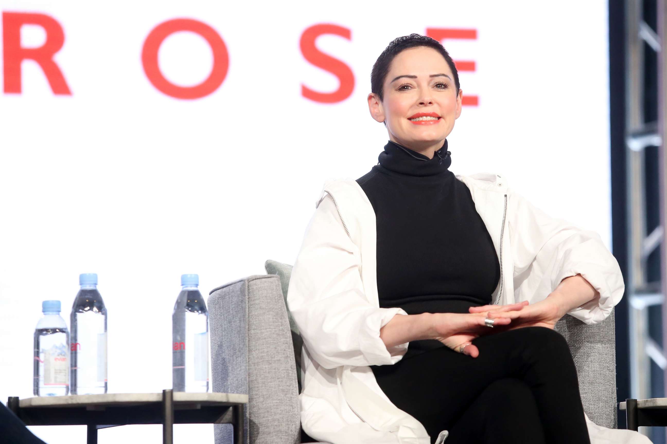 PHOTO: Rose McGowan speaks onstage during the 2018 Winter Television Critics Association Press Tour, Jan. 9, 2018, in Pasadena, Calif. 