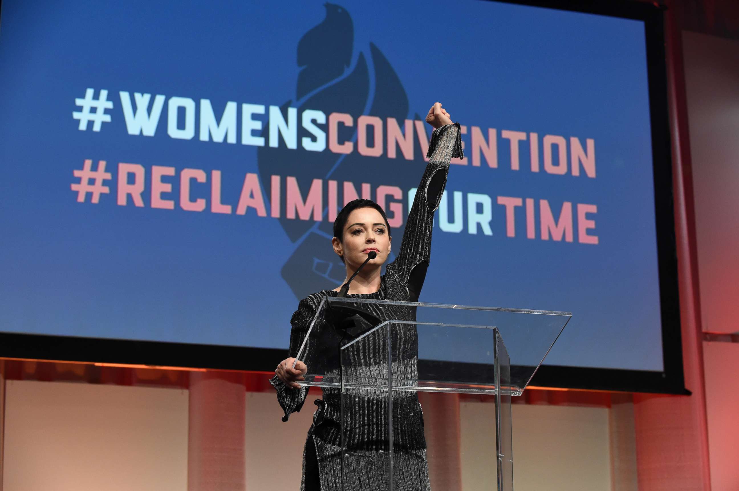 PHOTO: Actress Rose McGowan speaks as part of the Women's Convention at the Cobo Center in Detroit, Mich., Oct. 27, 2017.