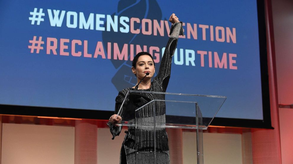 Actress Rose McGowan speaks during the Women's Convention at Cobo Center in Detroit, Mich., Oct. 27, 2017.  