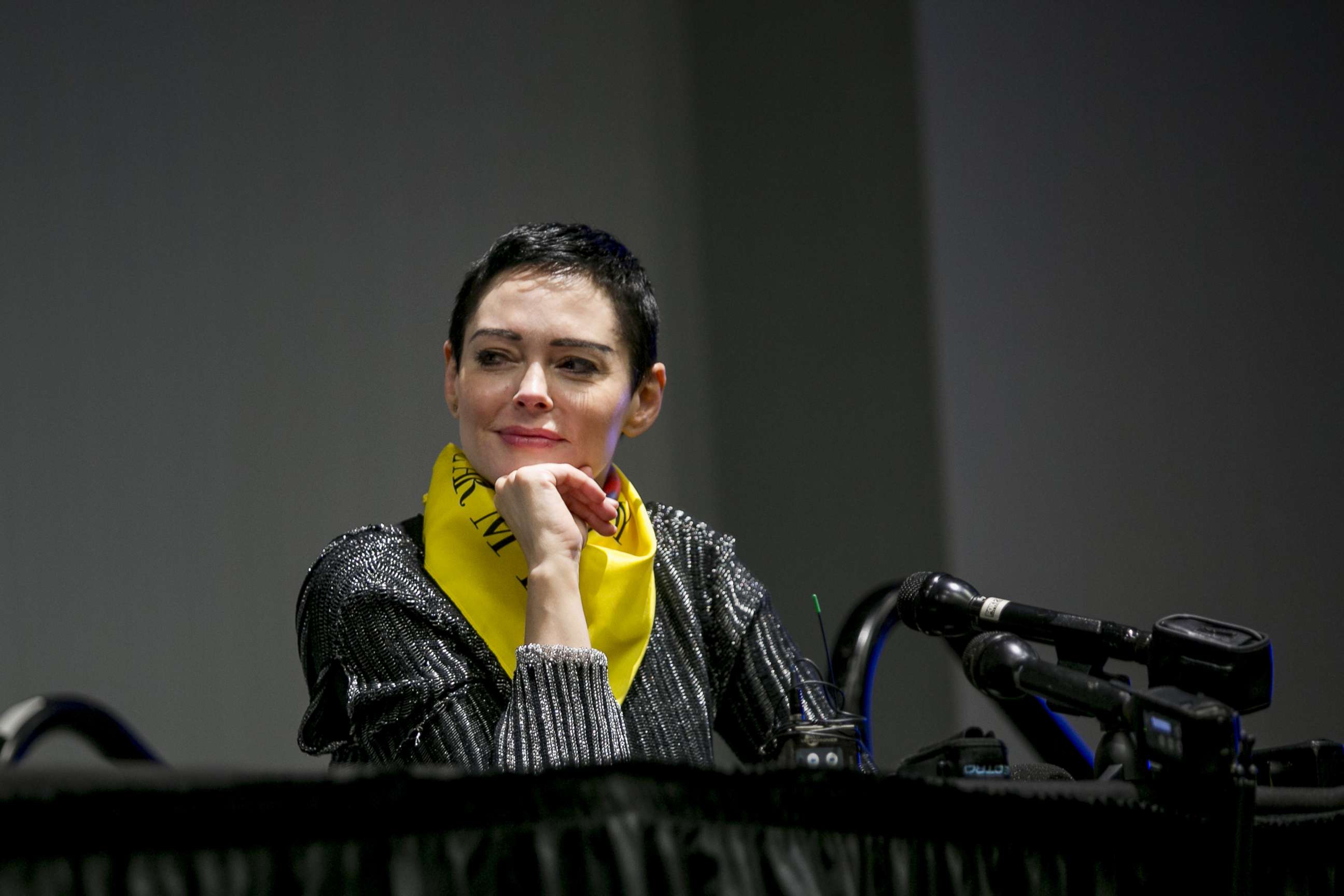 PHOTO: Rose McGowan listens during a workshop at the Women's Convention in Detroit, Mich., Oct. 27, 2017. 