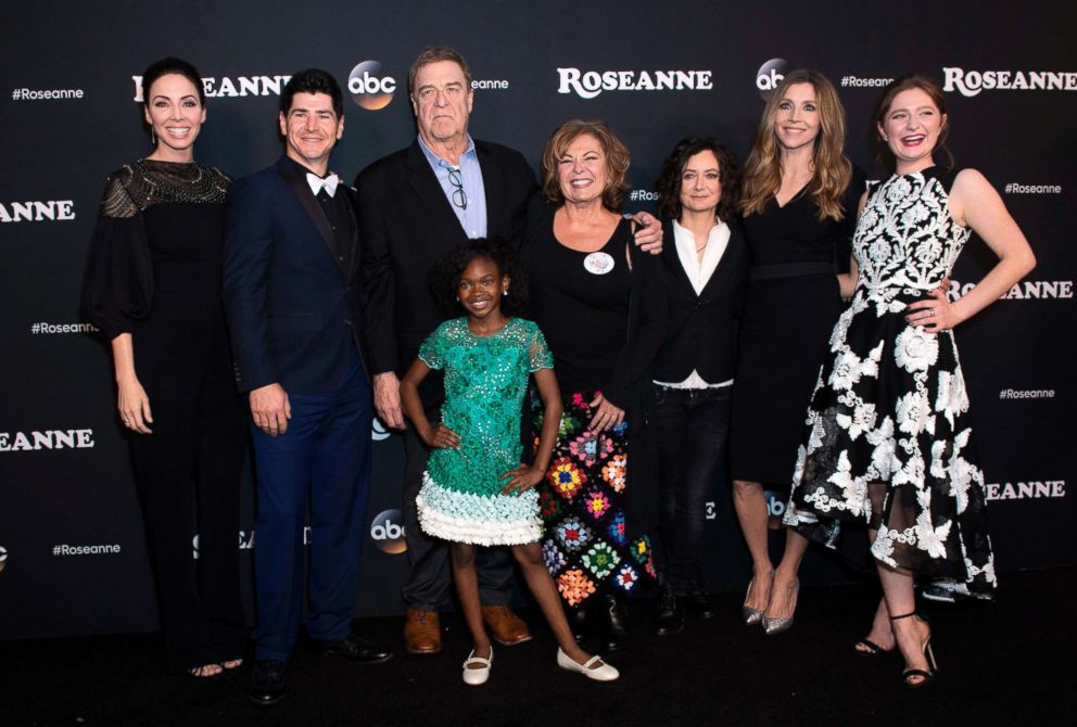 PHOTO: From left, executive producer Whitney Cummings, actors Michael Fishman, John Goodman, Jayden Rey, Roseanne Barr, Sara Gilbert, Sarah Chalke and Emma Kenney attend The  Roseanne Series Premiere in Burbank, Calif., March 23, 2018.