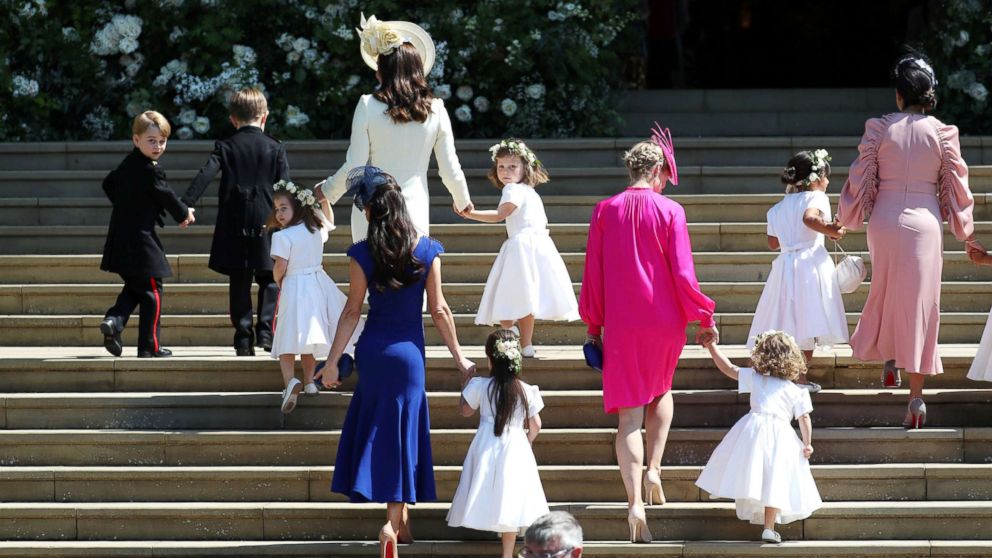 PHOTO: Catherine, the Duchess of Cambridge arrives with the bridesmaids at St George's Chapel at Windsor Castle for the wedding of Prince Harry and Meghan Markle in Windsor, May 19, 2018.