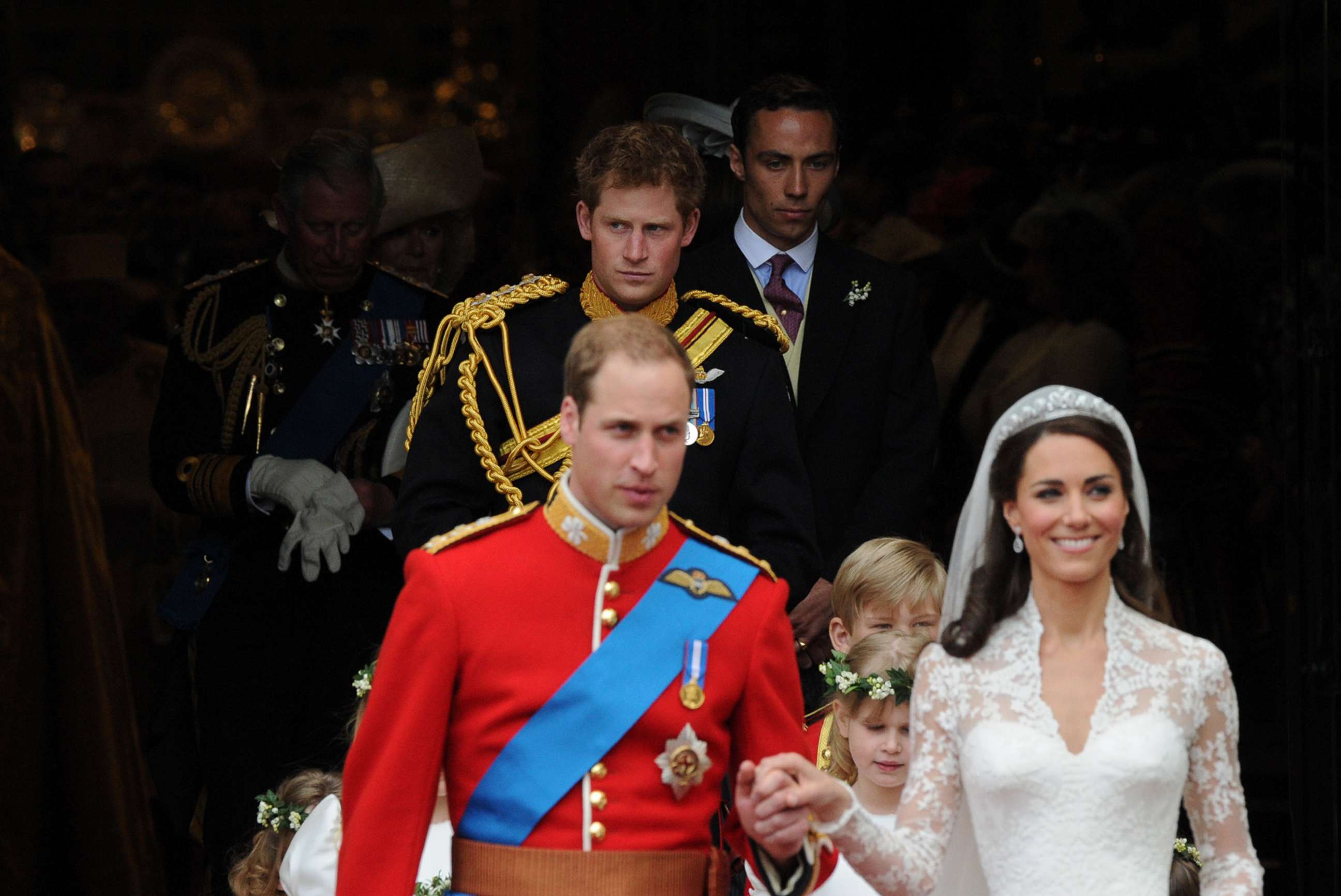 PHOTO: Prince Harry (Background C) leaves Westminster Abbey in London, after the wedding ceremony of his brother Prince William (Front L) and Kate, (Front R) Duchess of Cambridge, April 29, 2011.