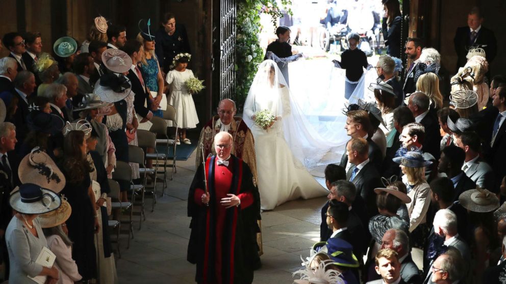 PHOTO: Meghan Markle and her bridal walk down the aisle when she arrives for the wedding ceremony to Prince Harry at St. George's Chapel in Windsor Castle in Windsor, May 19, 2018. 