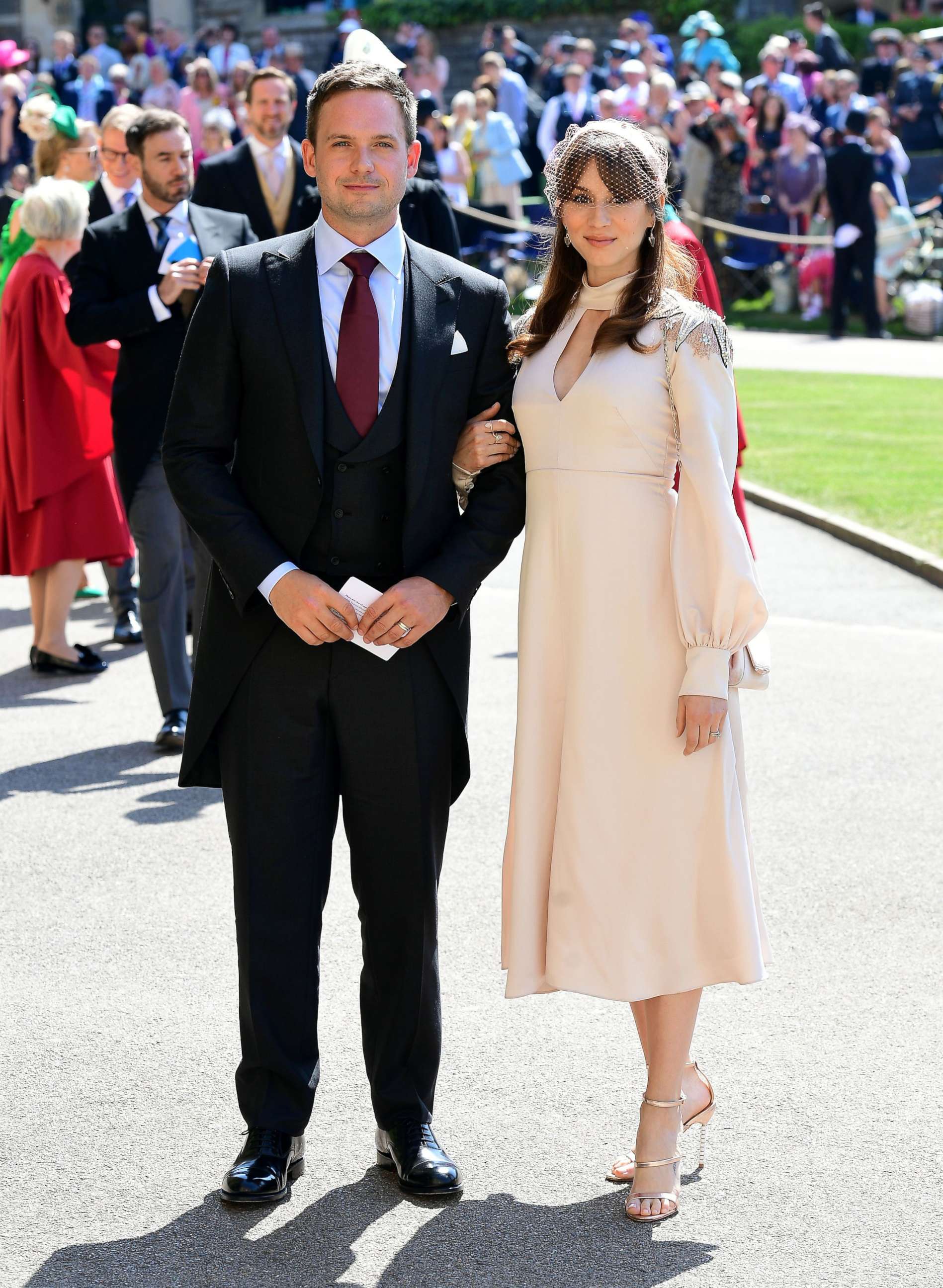 PHOTO: Meghan Markle's friend, actor Patrick J. Adams and wife Troian Bellisario arrive for the wedding ceremony of Britain's Prince Harry, Duke of Sussex and US actress Meghan Markle at St George's Chapel, Windsor Castle, in Windsor, May 19, 2018.