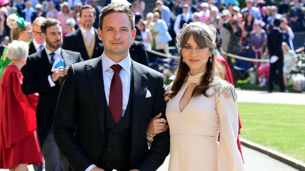 PHOTO: Meghan Markle's friend, actor Patrick J. Adams and wife Troian Bellisario arrive for the wedding ceremony of Britain's Prince Harry, Duke of Sussex and US actress Meghan Markle at St George's Chapel, Windsor Castle, in Windsor, May 19, 2018.