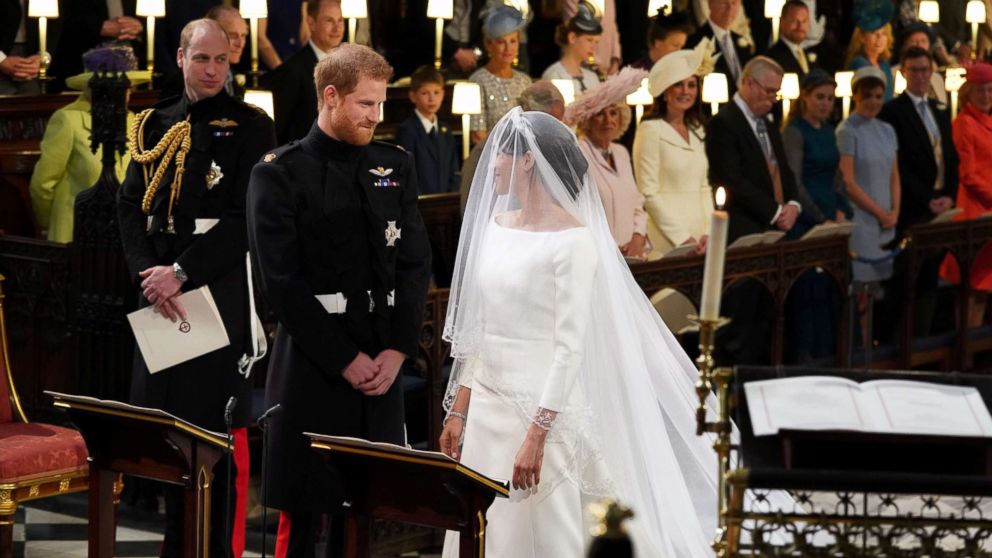 PHOTO: Prince Harry looks at his bride, Meghan Markle, as she arrives in St George's Chapel at Windsor Castle for their wedding in Windsor, Britain, May 19, 2018. 