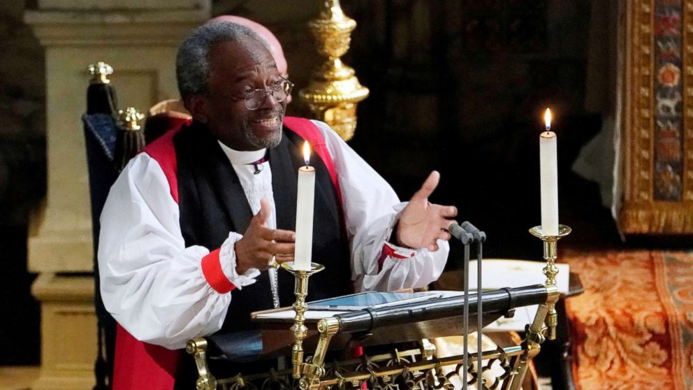 The Most Rev Bishop Michael Curry, primate of the Episcopal Church, gives an address during the wedding of Prince Harry and Meghan Markle in St George's Chapel at Windsor Castle in Windsor, May 19, 2018.