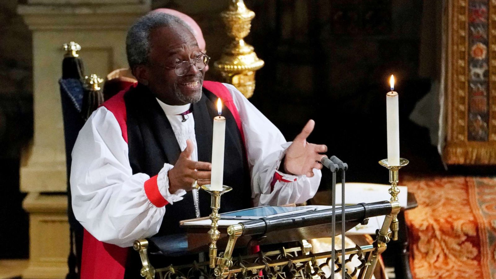 PHOTO: The Most Rev Bishop Michael Curry, primate of the Episcopal Church, gives an address during the wedding of Prince Harry and Meghan Markle in St George's Chapel at Windsor Castle in Windsor, May 19, 2018.