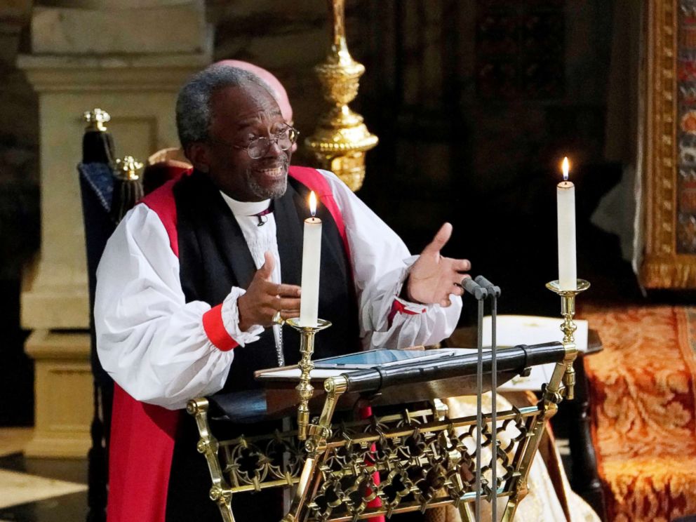 PHOTO: The Most Rev Bishop Michael Curry, primate of the Episcopal Church, gives an address during the wedding of Prince Harry and Meghan Markle in St Georges Chapel at Windsor Castle in Windsor, May 19, 2018.