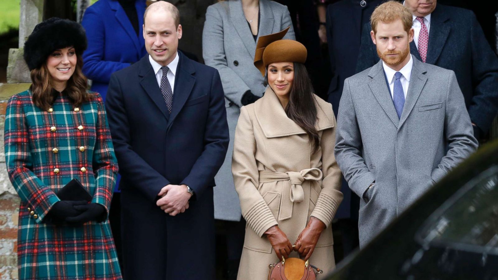 PHOTO: From left, Kate, Duchess of Cambridge, Prince William, Meghan Markle, Prince Harry and Prince Philip arrive to the traditional Christmas Days service, at St. Mary Magdalene Church in Sandringham, England, Dec. 25, 2017.