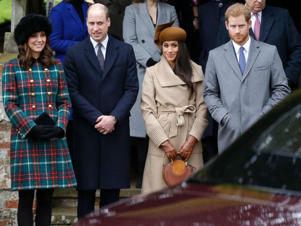 PHOTO: From left, Kate, Duchess of Cambridge, Prince William, Meghan Markle, Prince Harry and Prince Philip arrive to the traditional Christmas Days service, at St. Mary Magdalene Church in Sandringham, England, Dec. 25, 2017.