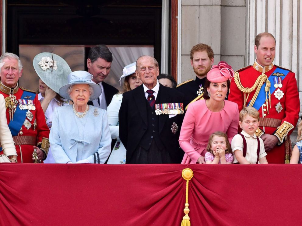 PHOTO: Prince Charles, Queen Elizabeth II, Vice Admiral Timothy Laurence, Prince Philip, Duke of Edinburgh, Prince Harry, Catherine, Prince William, Princess Charlotte, Prince George stand on the balcony of Buckingham Palace, June 17, 2017, in London. 