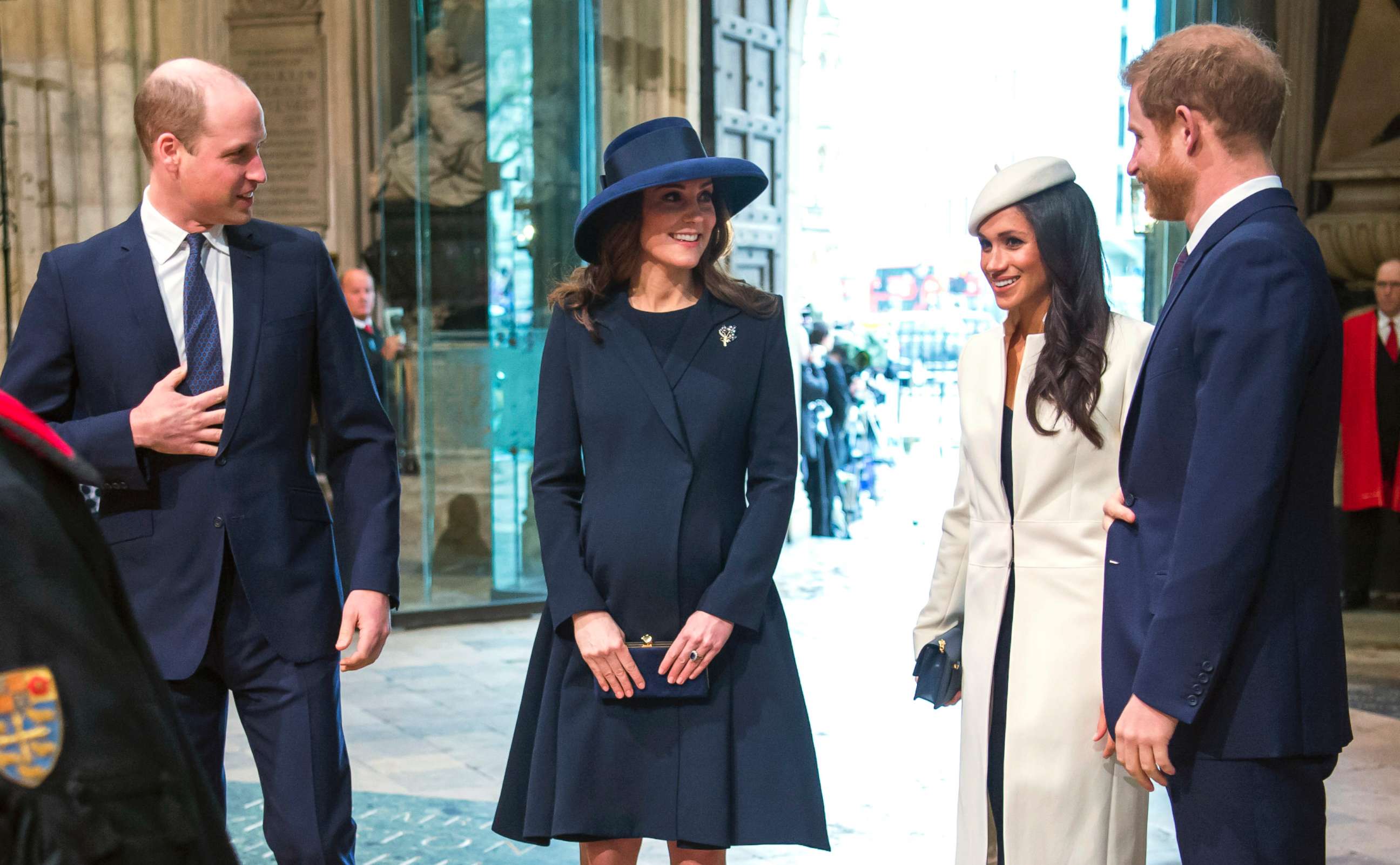 PHOTO: Britain's Prince William, Catherine, Duchess of Cambridge, Meghan Markle and Prince Harry arrive for the Commonwealth Service at Westminster Abbey, London, March 12, 2018. 