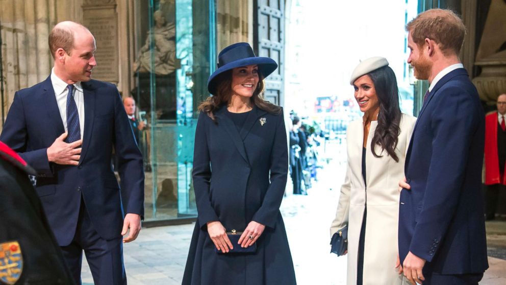 PHOTO: Britain's Prince William, Catherine, Duchess of Cambridge, Meghan Markle and Prince Harry arrive for the Commonwealth Service at Westminster Abbey, London, March 12, 2018. 