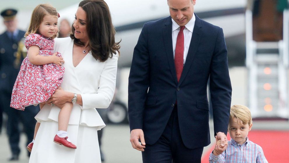 Catherine, Duchess of Cambridge, Princess Charlotte of Cambridge, Prince William, Duke of Cambridge and Prince George of Cambridge arrive at Warsaw airport during an official visit to Poland and Germany on July 17, 2017 in Warsaw, Poland.  