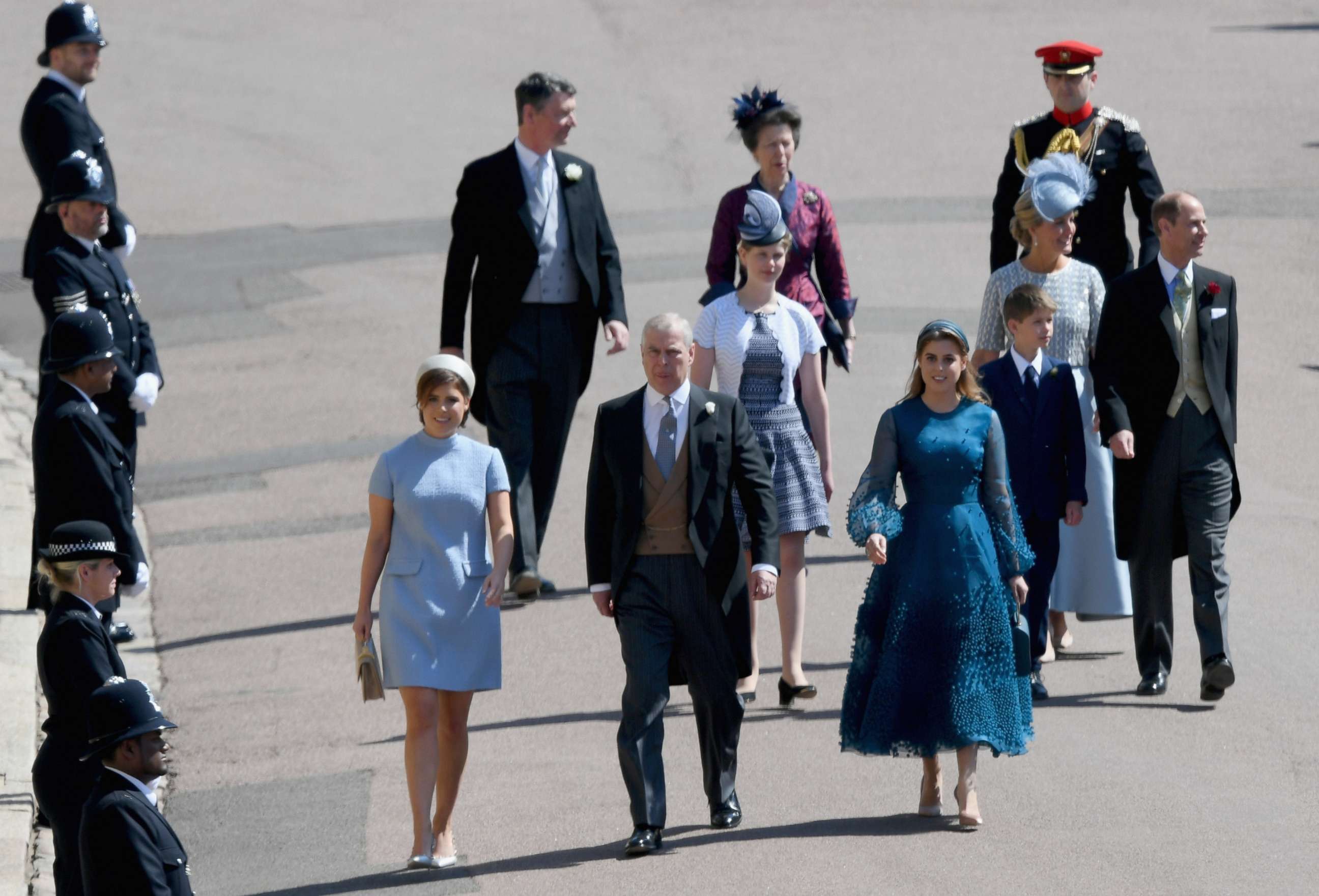 PHOTO: Princess Eugenie, Prince Andrew, Duke of York and Princess Beatrice and Princess Anne, Princess Royal (rear) attend the wedding of Prince Harry to Ms Meghan Markle at St George's Chapel, Windsor Castle, May 19, 2018, in Windsor, England.