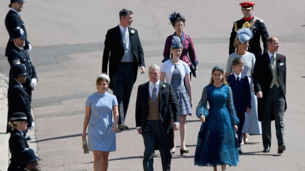 Princess Eugenie, Prince Andrew, Duke of York and Princess Beatrice and Princess Anne, Princess Royal (rear) attend the wedding of Prince Harry to Ms Meghan Markle at St George's Chapel, Windsor Castle, May 19, 2018, in Windsor, England.