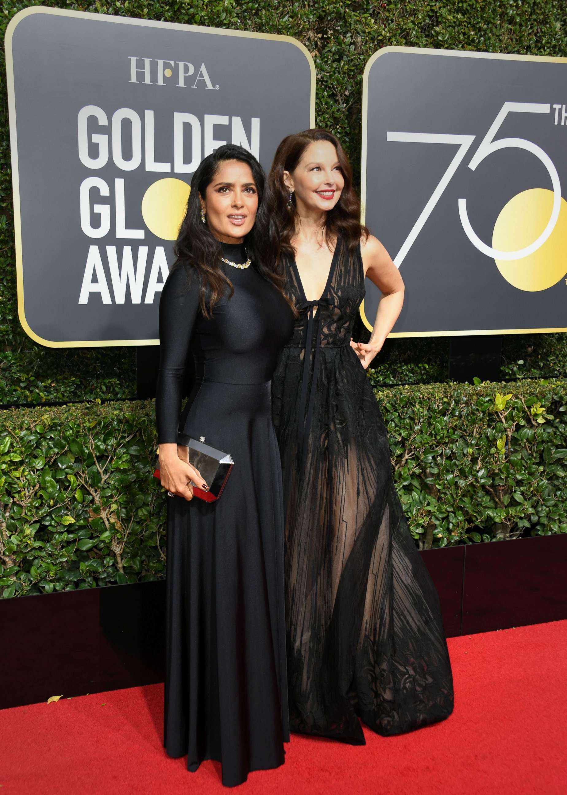 PHOTO: Salma Hayek and Ashley Judd arrive for the 75th Golden Globe Awards on Jan. 7, 2018, in Beverly Hills, Calif.