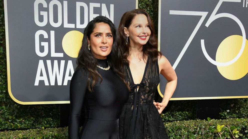 PHOTO: Salma Hayek and Ashley Judd arrive for the 75th Golden Globe Awards on Jan. 7, 2018, in Beverly Hills, Calif.
