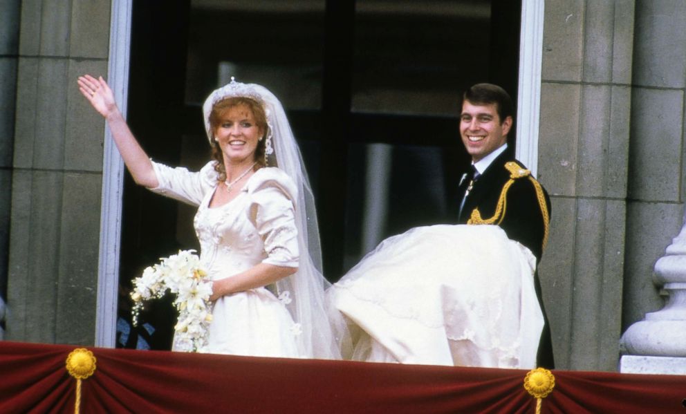 PHOTO: Sarah Ferguson, Duchess of York and Prince Andrew, Duke of York  stand on the balcony of Buckingham Palace and wave at their wedding, July 23, 1986, in London.