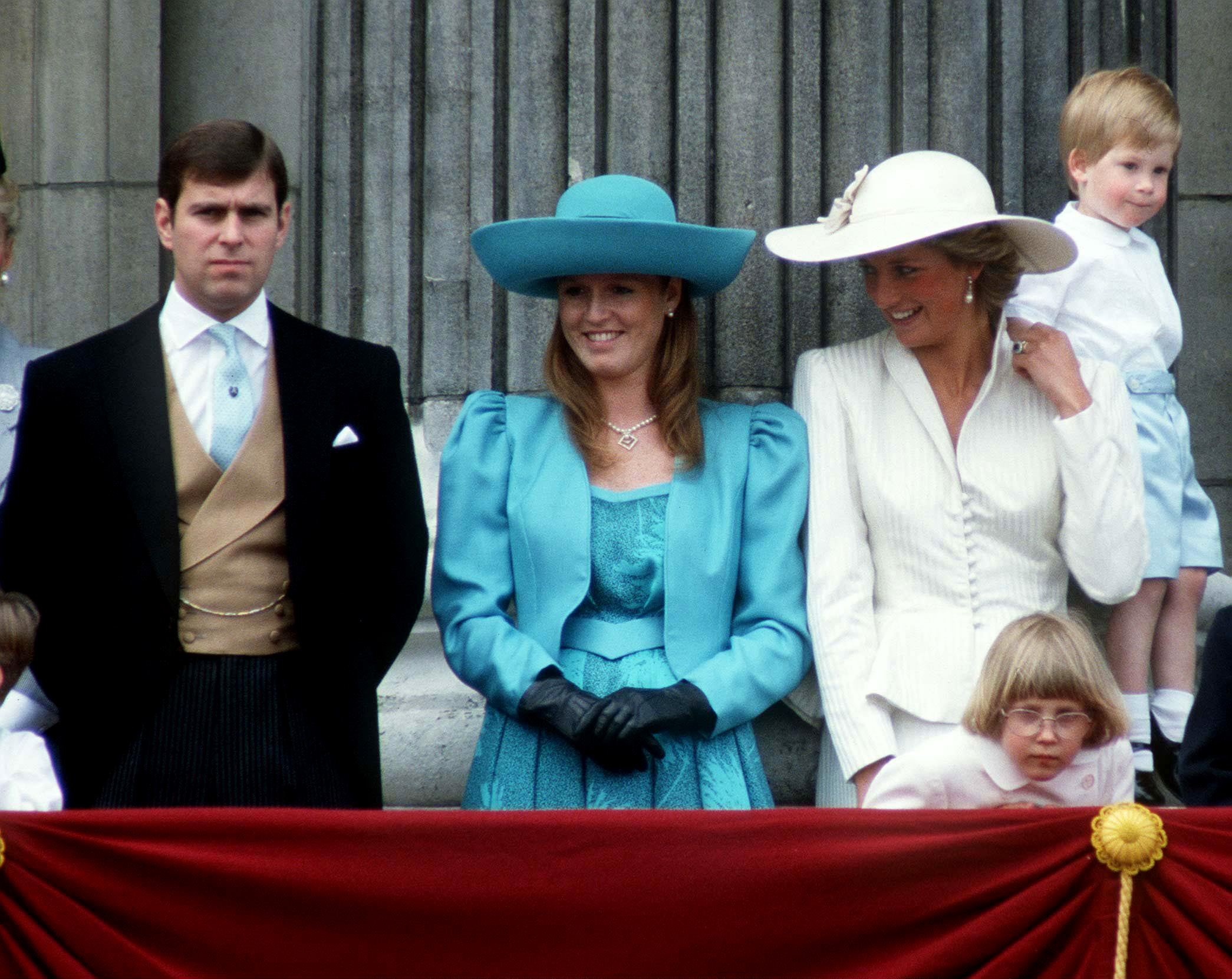 PHOTO: Prince Andrew, Sarah Duchess Of York, Princess Diana and Prince Harry on the balcony of Buckingham Palace, June 13, 1987. 