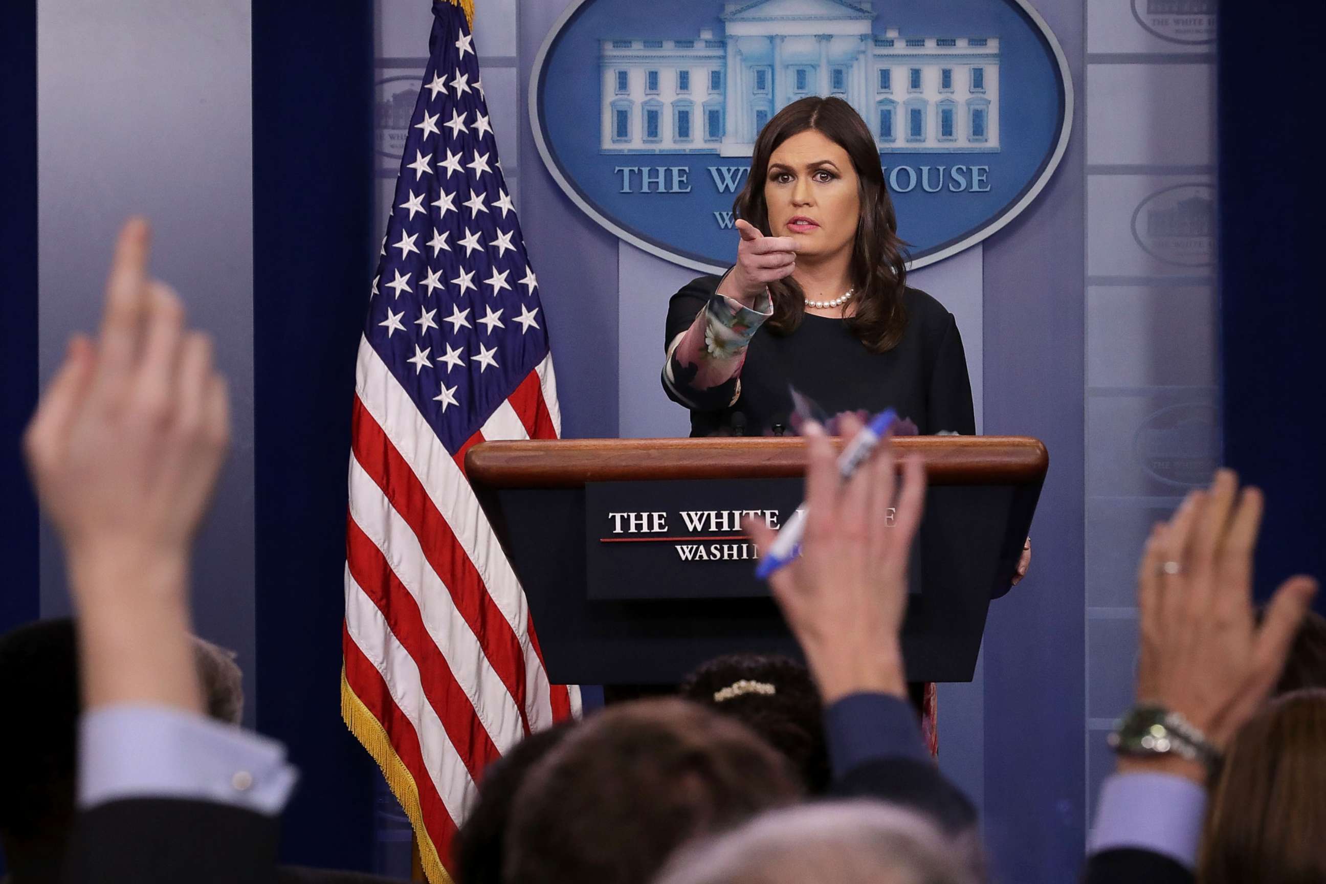 PHOTO: White House Press Secretary Sarah Huckabee Sanders takes reporters' questions during a news conference in the Brady Press Briefing Room at the White House, Nov. 17, 2017, in Washington.