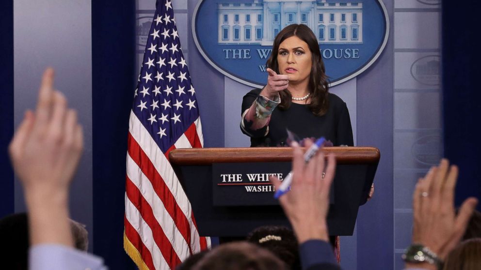 PHOTO: White House Press Secretary Sarah Huckabee Sanders takes reporters' questions during a news conference in the Brady Press Briefing Room at the White House, Nov. 17, 2017, in Washington.