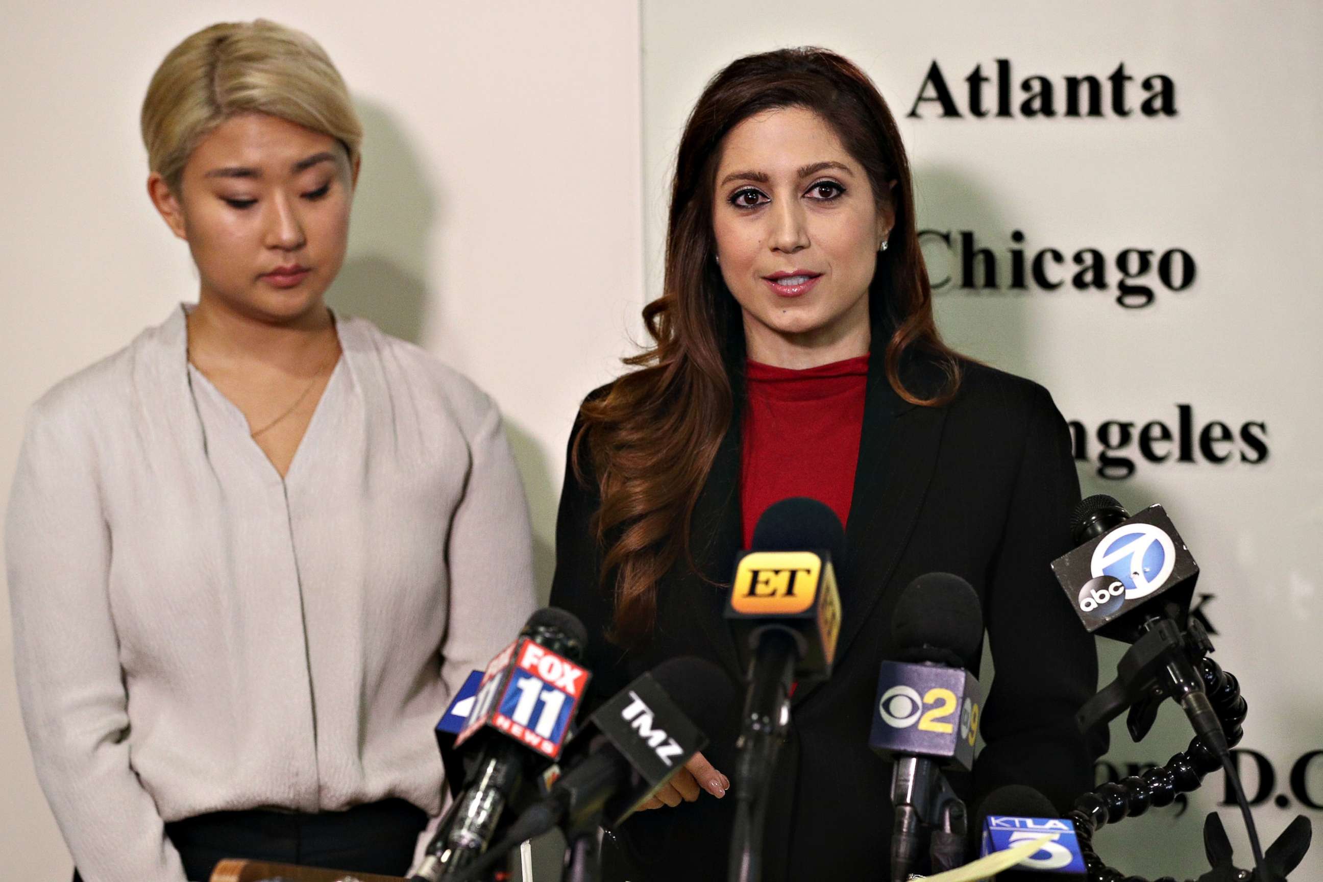 PHOTO: Attorney Anahita Sedaghatfar speaks during a press conference with her client, Youngjoo Hwang, to announce a lawsuit against actor Fred Savage and the TV network FOX March 21, 2018 in Los Angeles.  