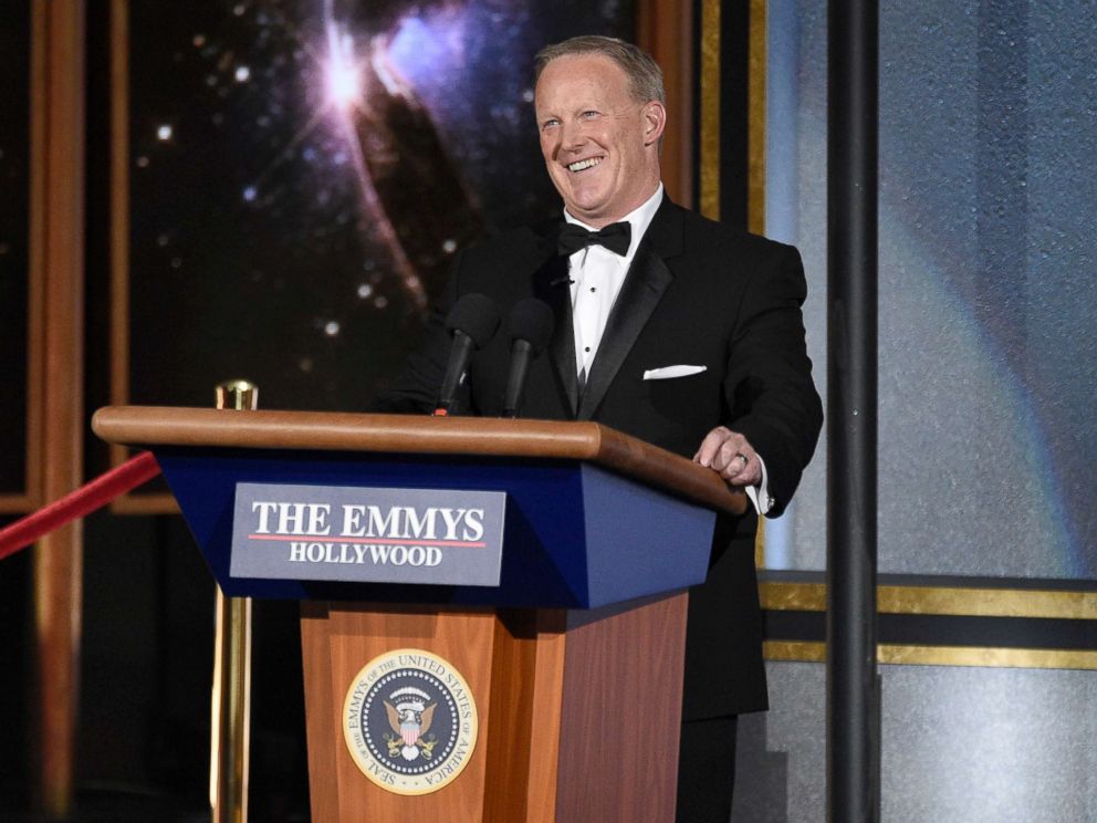 PHOTO: Sean Spicer speaks at the 69th Primetime Emmy Awards, Sept. 17, 2017, at the Microsoft Theater in Los Angeles.