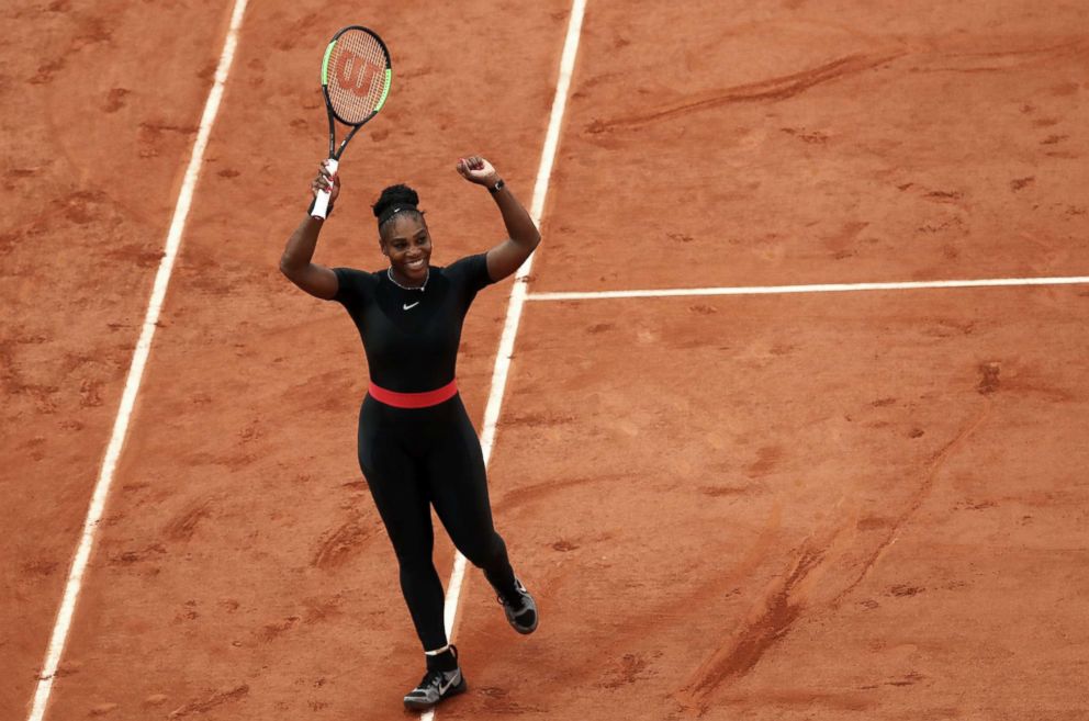 PHOTO: Serena Williams celebrates her victory in the women's third round match against Julia Georges of Germany on the seventh day of the 2018 French Open at Roland Garros on June 2, 2018 in Paris .